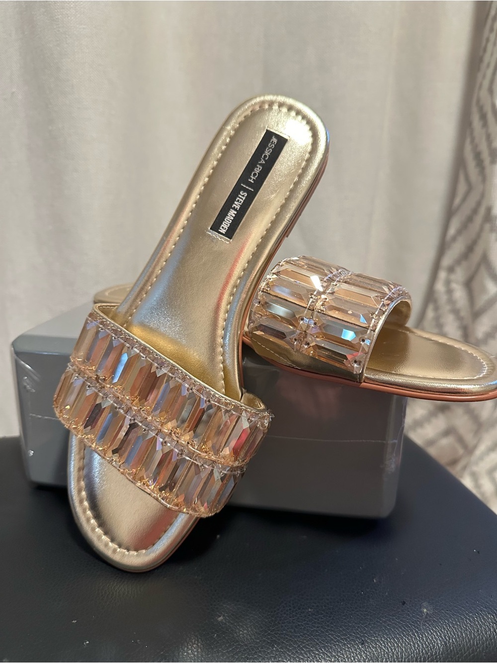 Steve Madden Gold Crystal-Embellished Slide Sandals